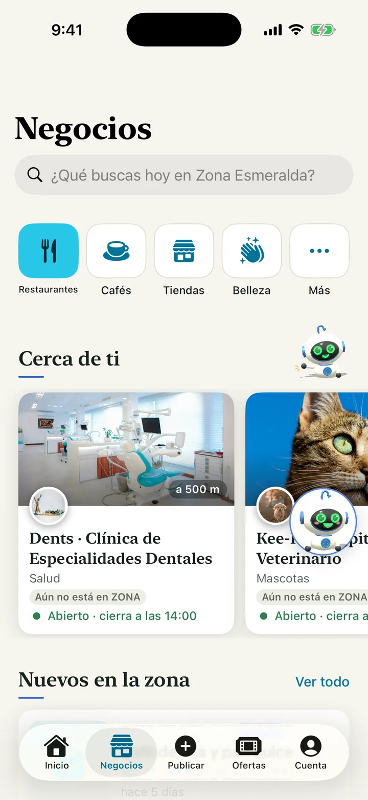 La pestaña Negocios de ZONA: el buscador, las categorías y, debajo, «Cerca de ti» con los negocios abiertos y su distancia.